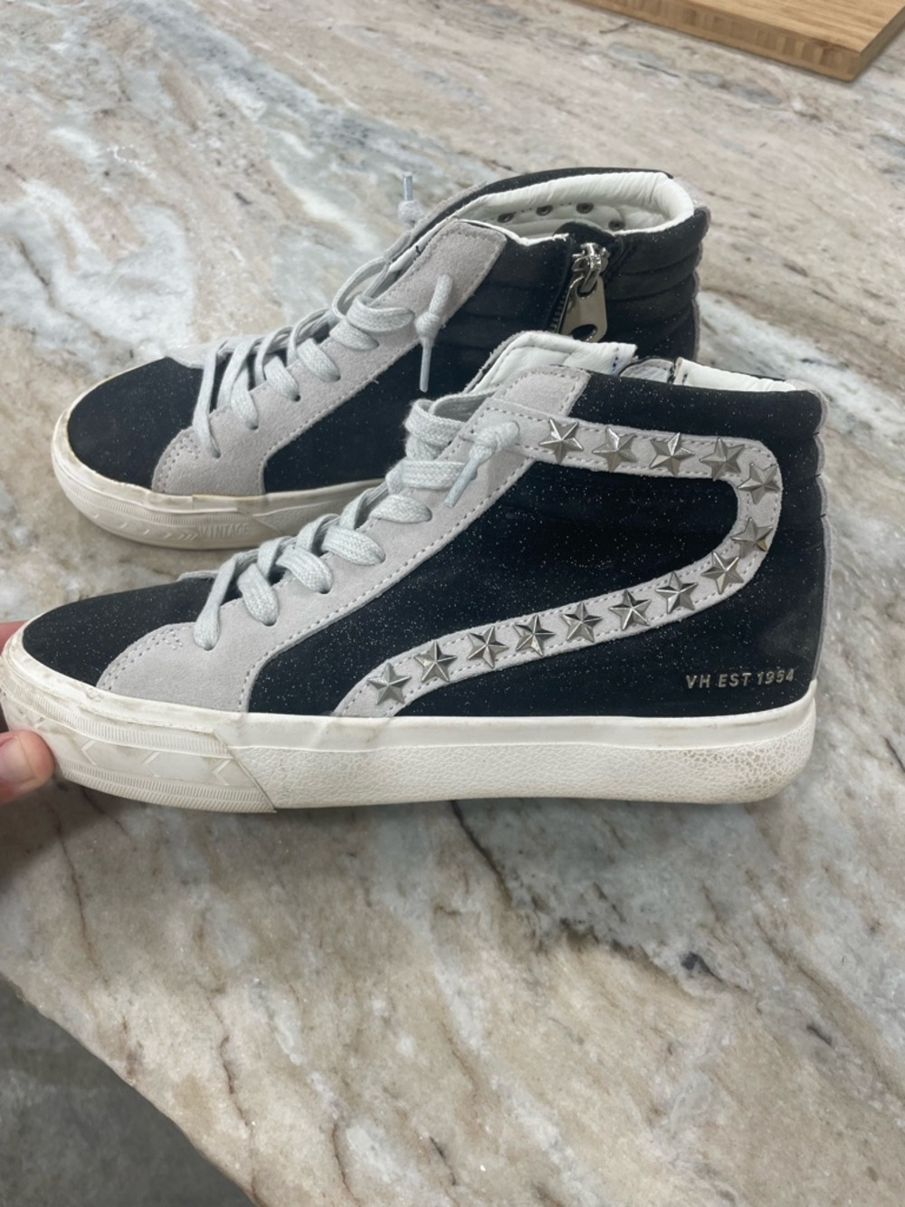 Vintage Havana Black and Light Gray Star-Trim High Top Sneakers